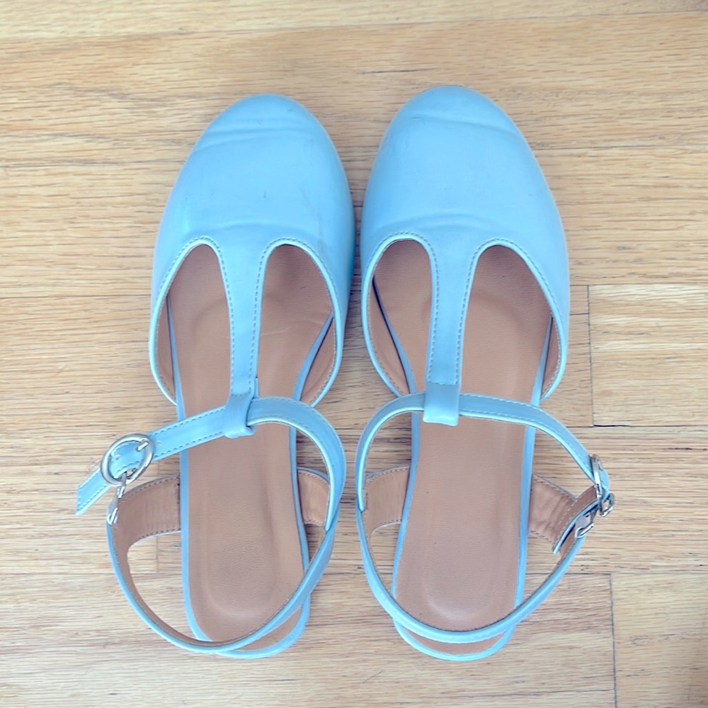 Light blue t-strap sandals